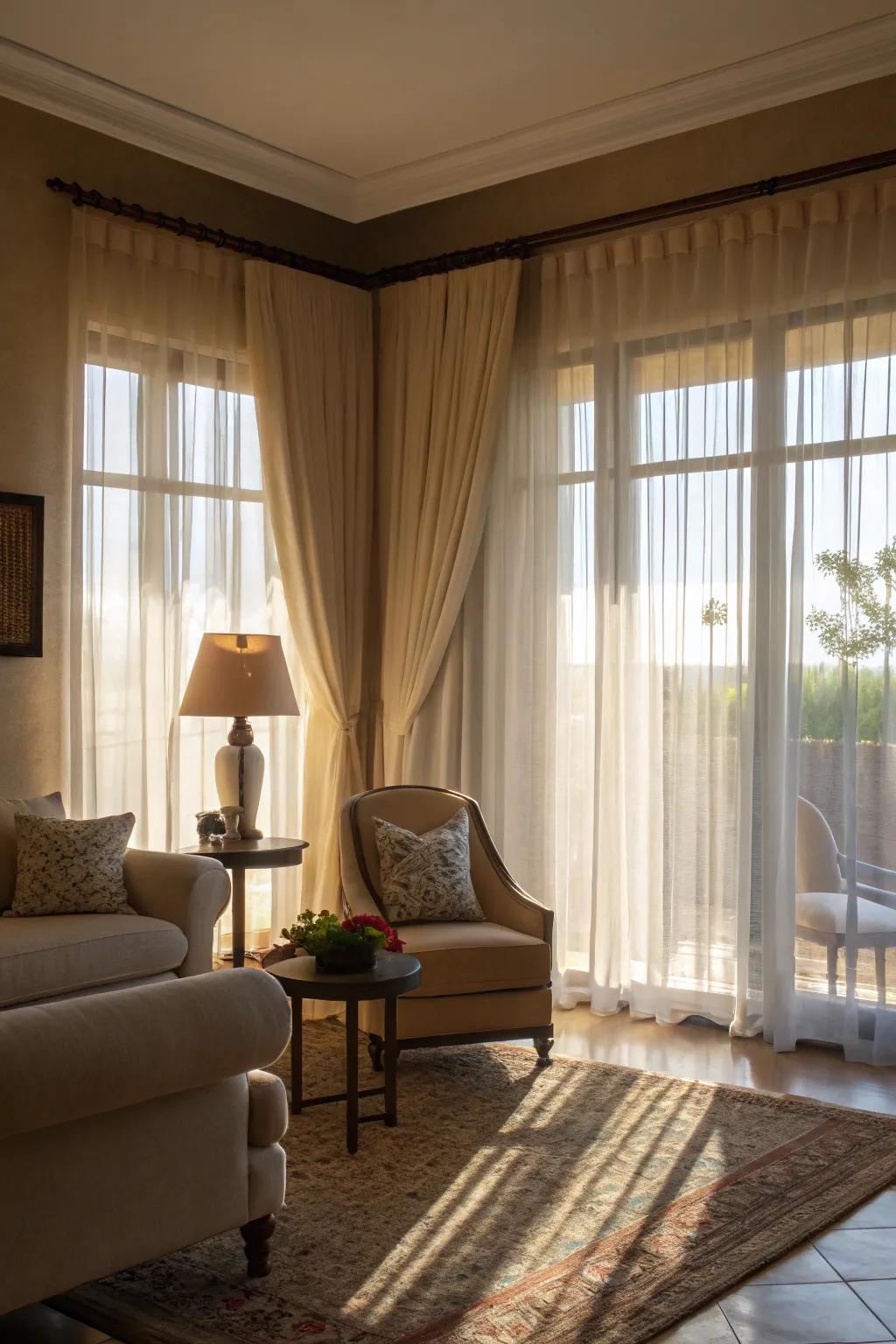 A bright living room filled with natural glow through see-through drapes.