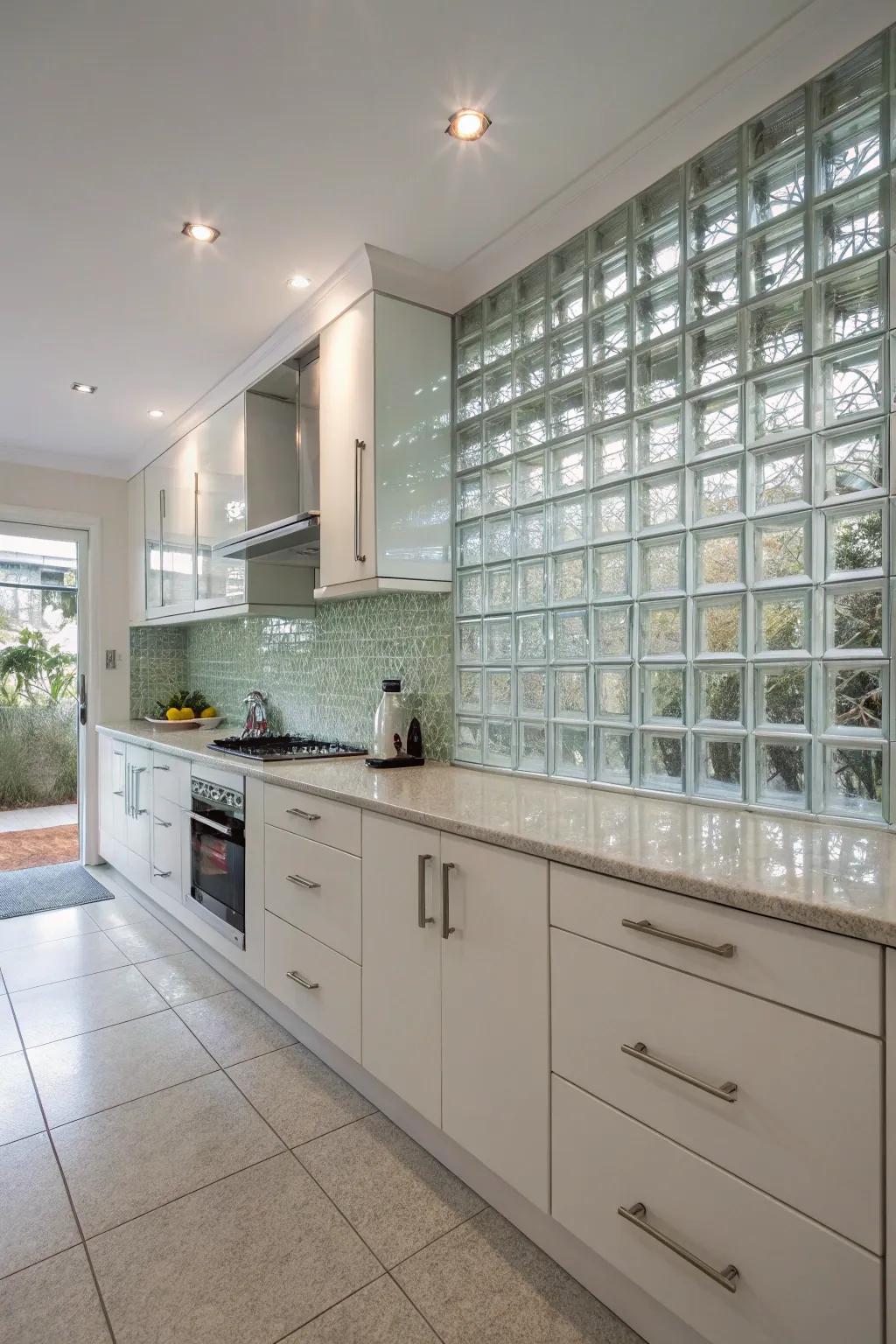 A kitchen featuring a glass block backsplash, providing a modern, bright, and easy-to-maintain surface.