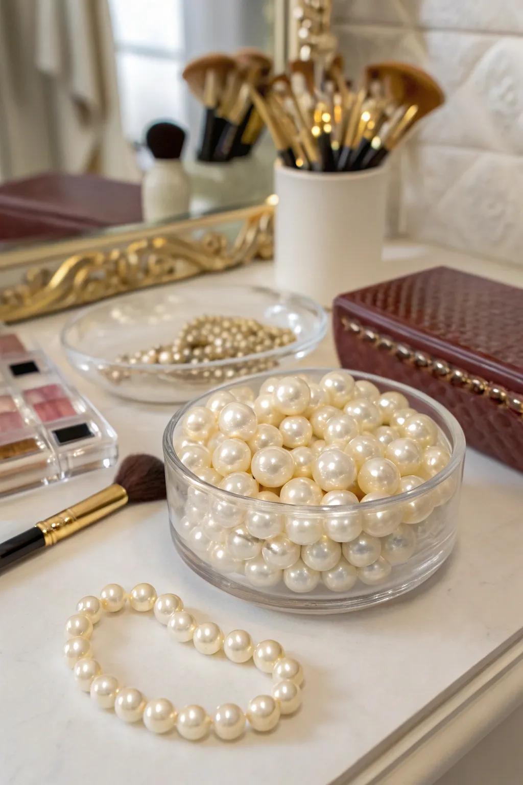 Lavish elegance achieved via pearls housed inside a clear bowl.