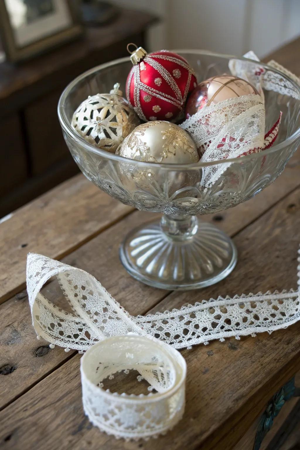 A vintage vibe with nostalgic ornaments in a glass bowl.