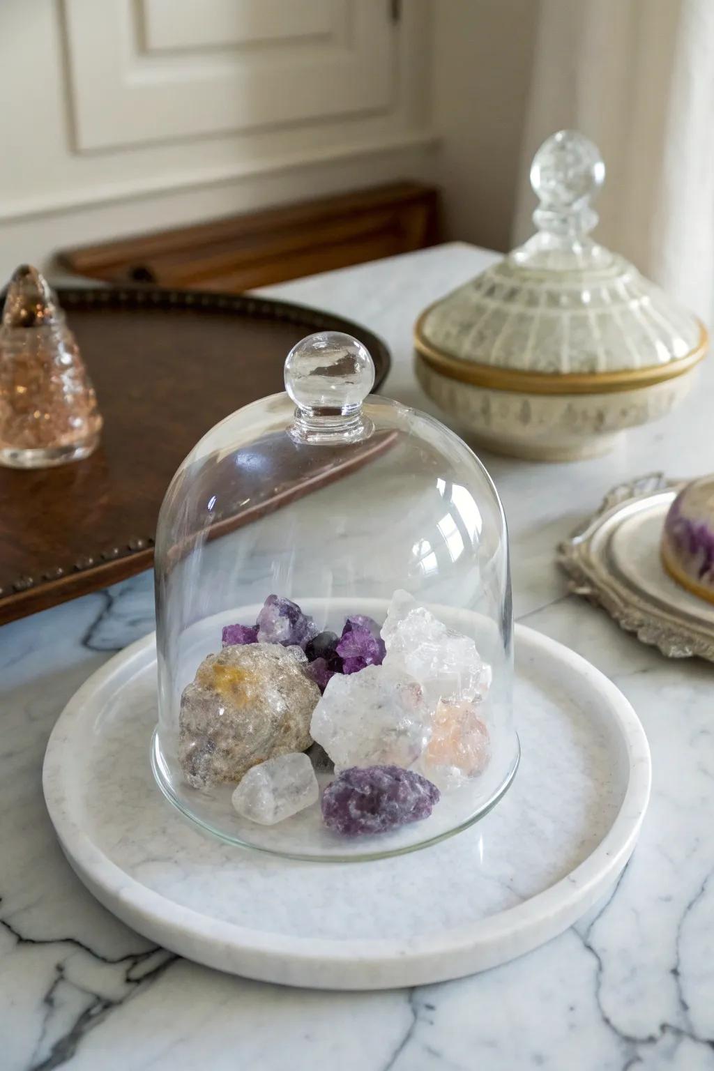 Crystals plus geodes fashion an arcane exhibit underneath a glass cover.