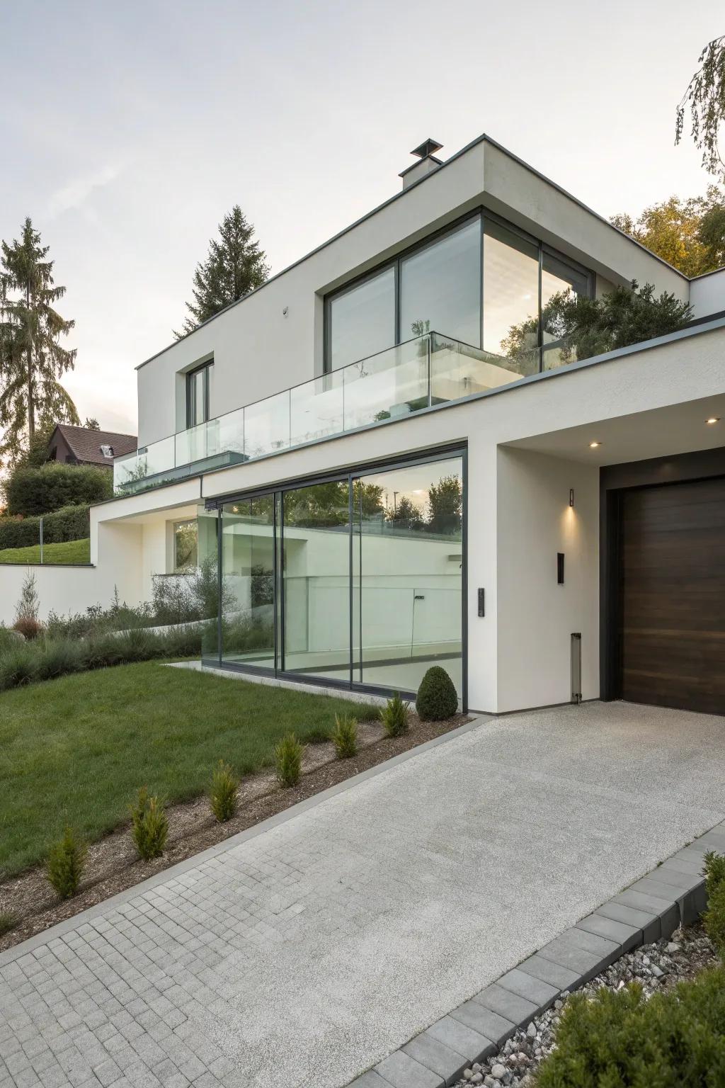A minimalist home featuring a frameless glass overhead door.