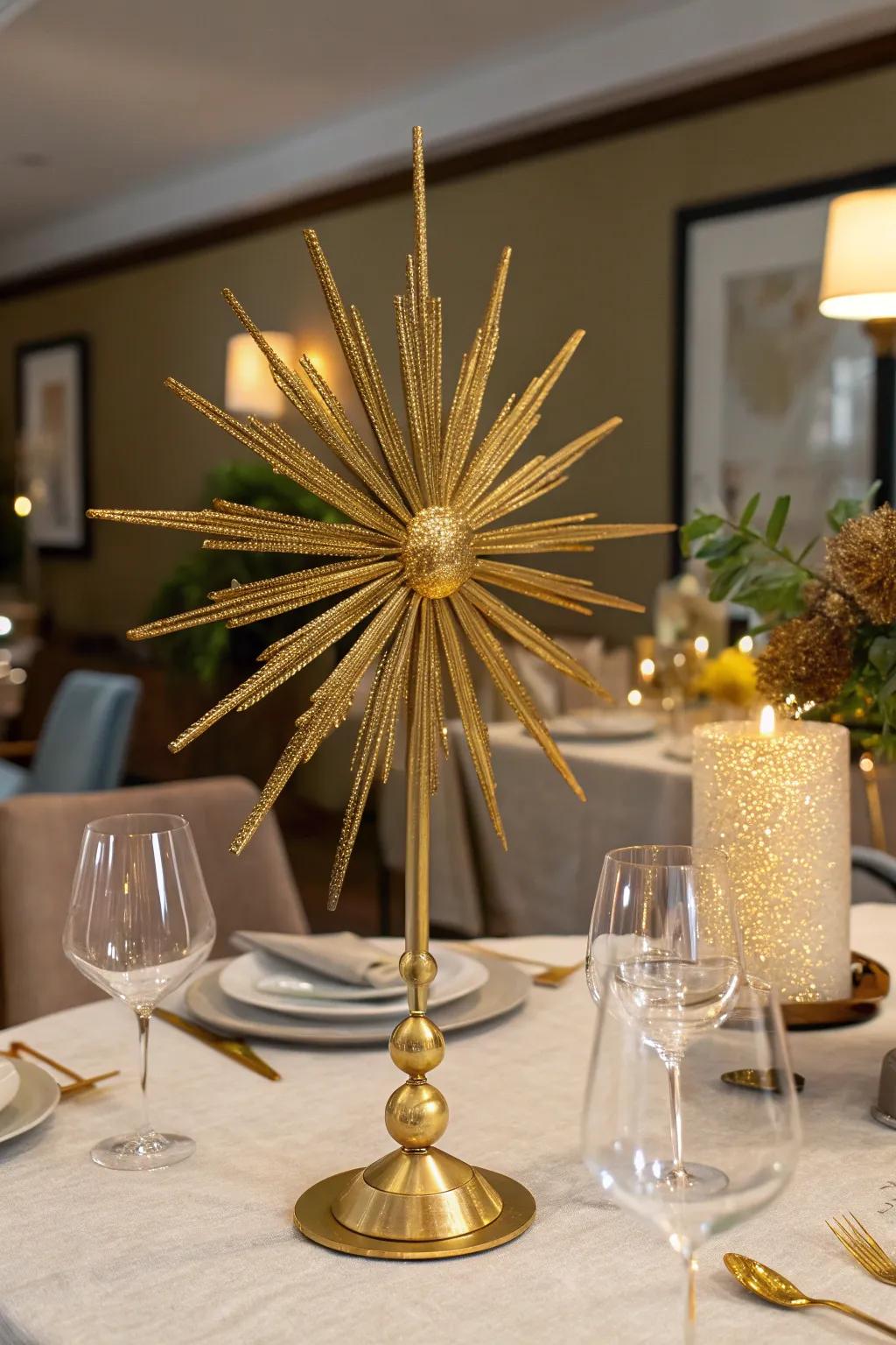 Dazzling gold starburst sculpture as a focal point.