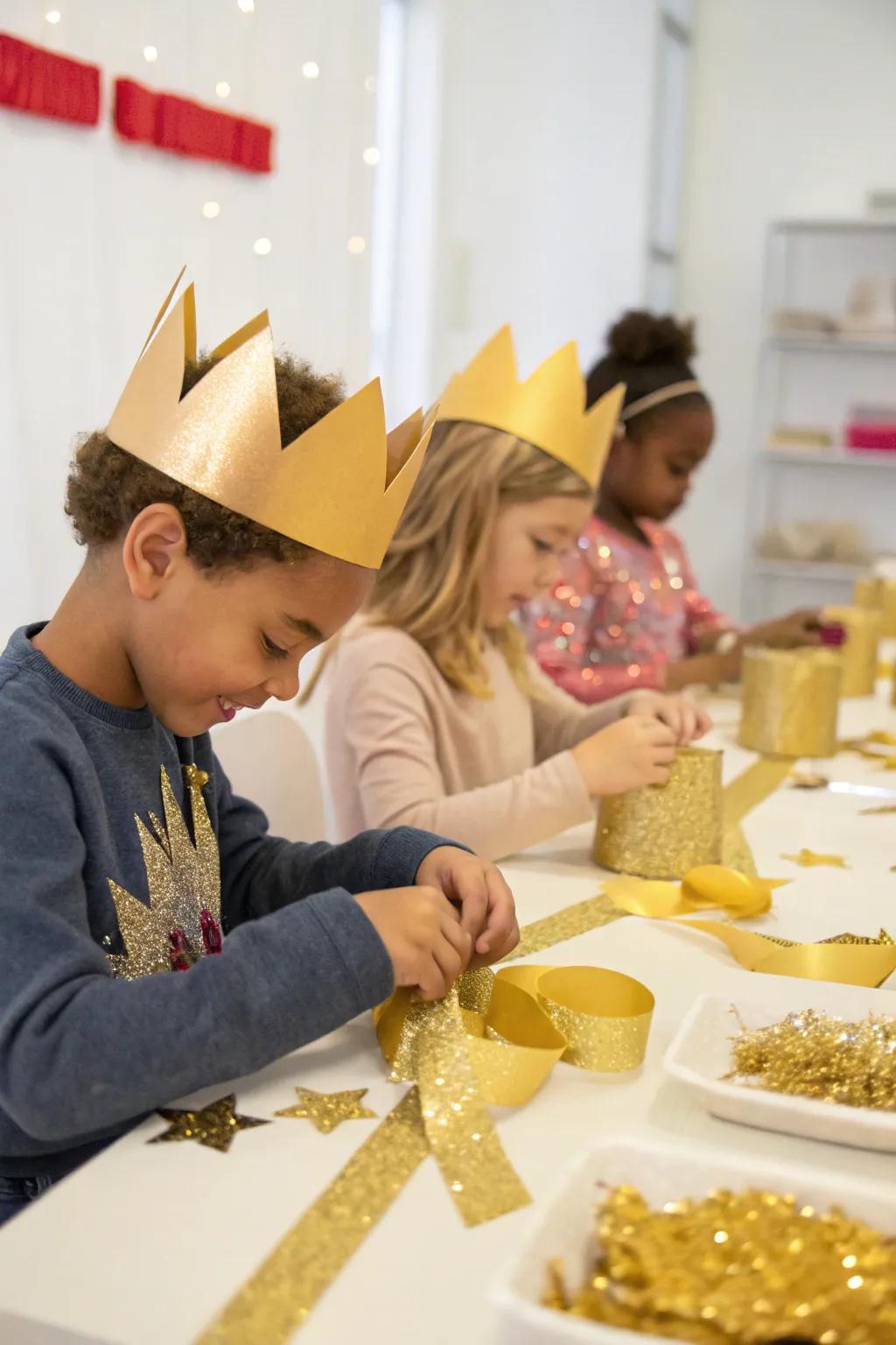 Creative expression with a golden crown-making station.