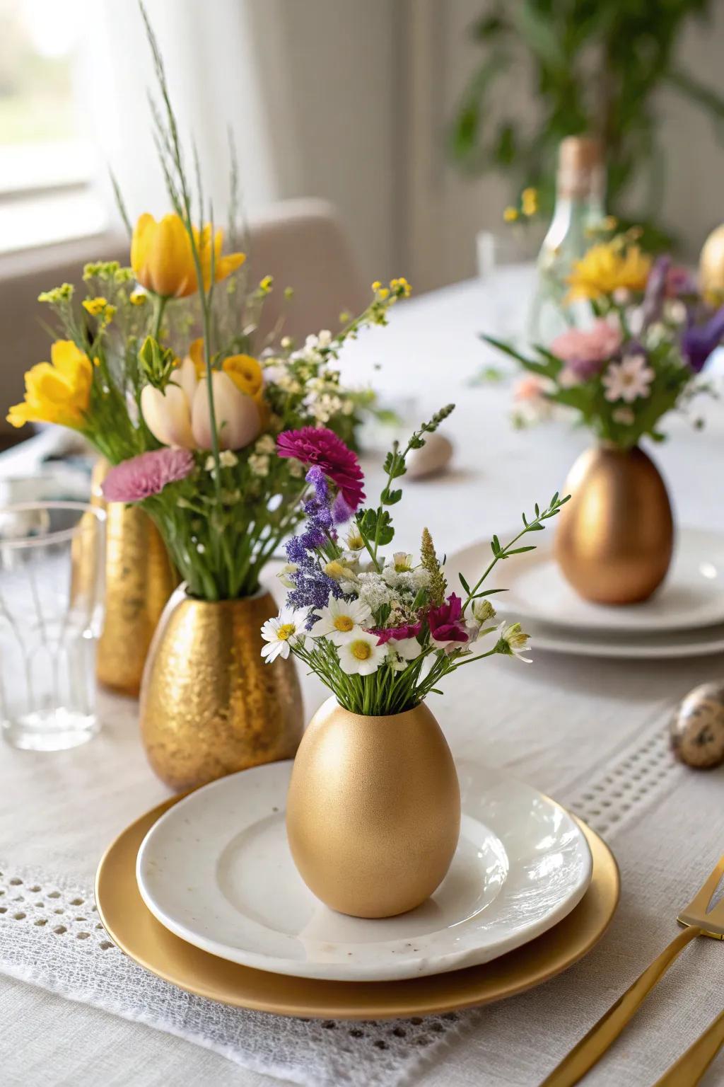 Gilded egg vessels offer a fresh floral touch to your decor.