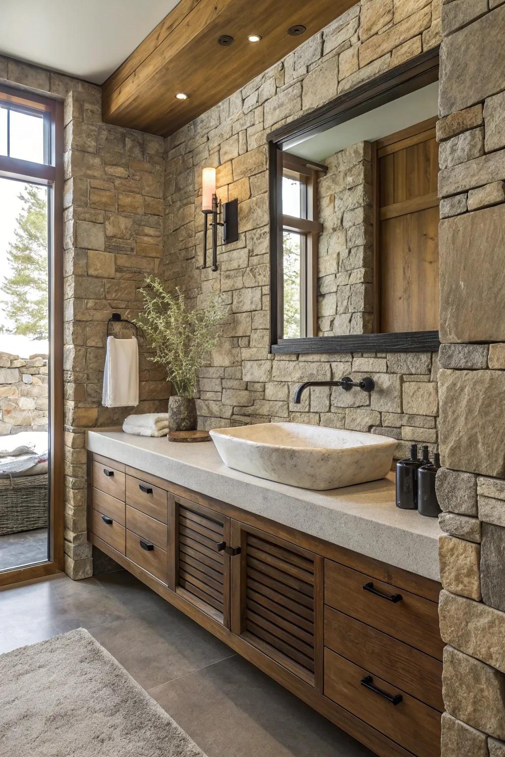 Layered textures contribute dimension and richness to the gothic bathroom.