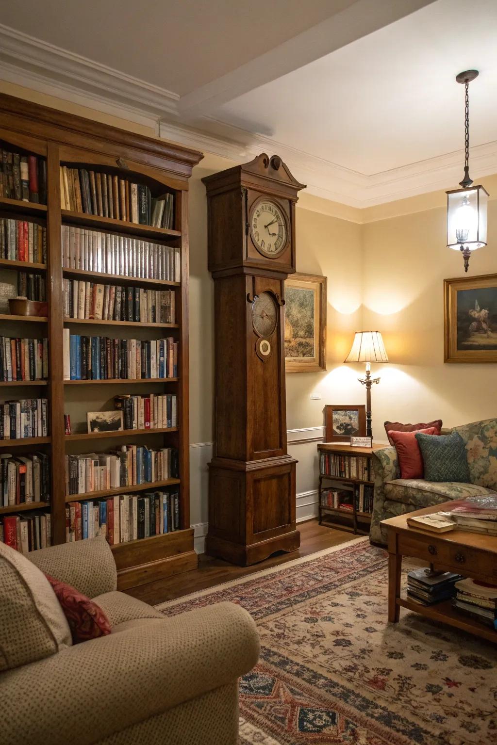 A pendulum timepiece complements the vintage library feel of a living room.