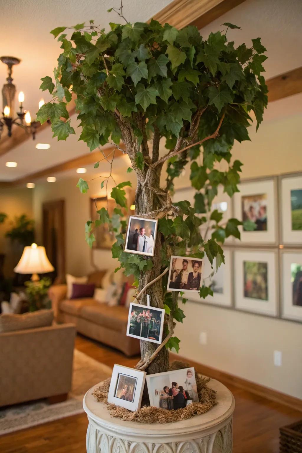 A grapevine tree decorated with family photos, creating a personal memory tree.