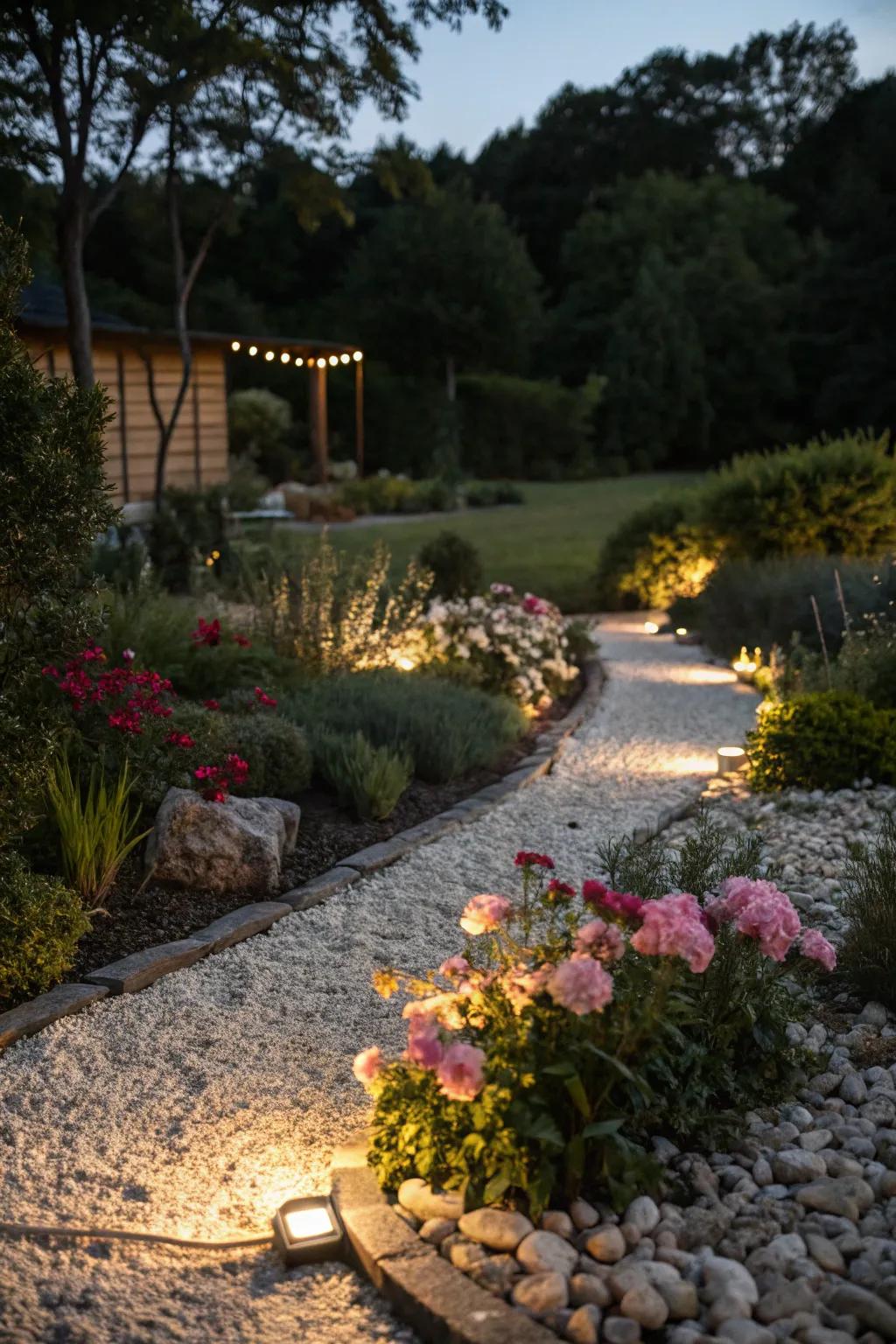 A stone flower garden gorgeously illuminated for nighttime atmosphere