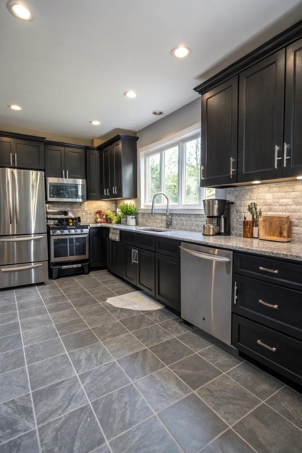 Pewter floor covering adds warmth and balance.