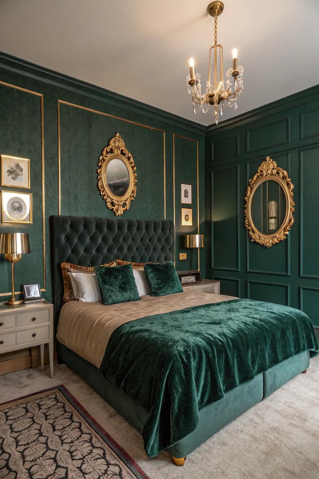 Deep emerald green adds vintage elegance to this bedroom.
