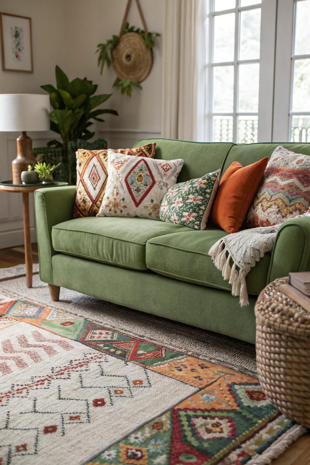 Intermixing patterns with a verdant couch introduces vibrancy and a playful touch to the space.