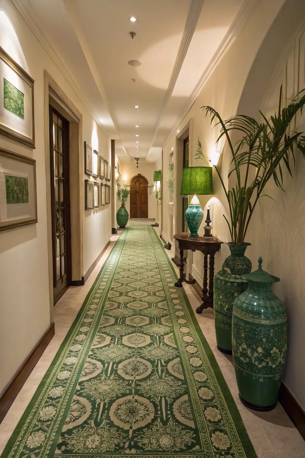 A patterned green rug adds visual interest and ties the color scheme together.