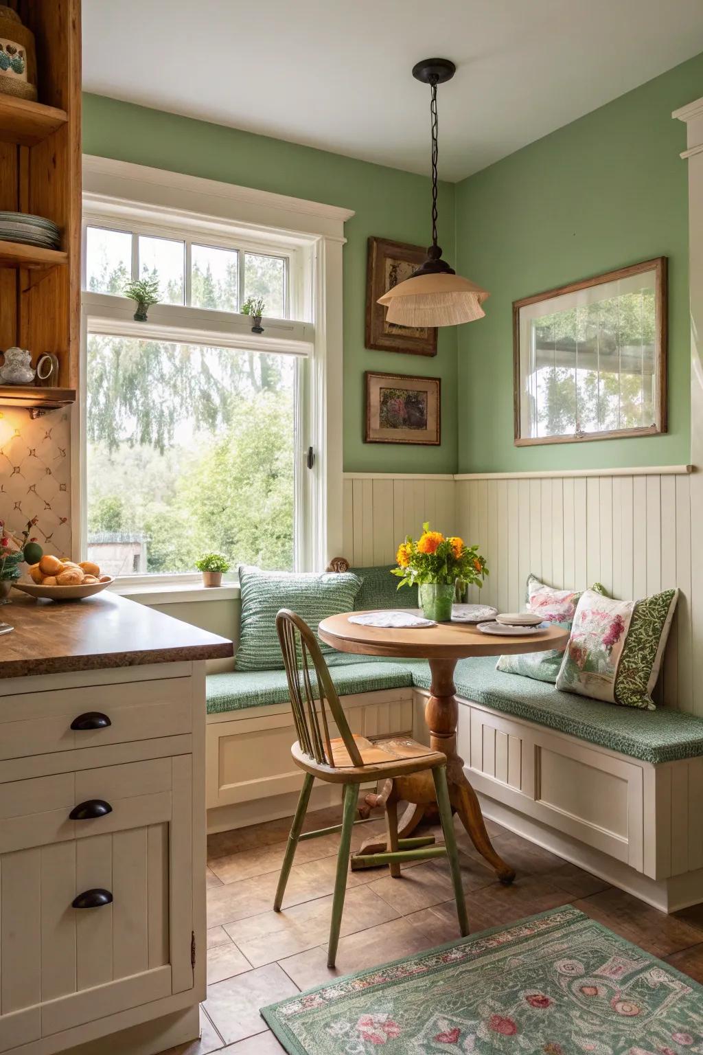 A cozy green breakfast nook provides a serene retreat.