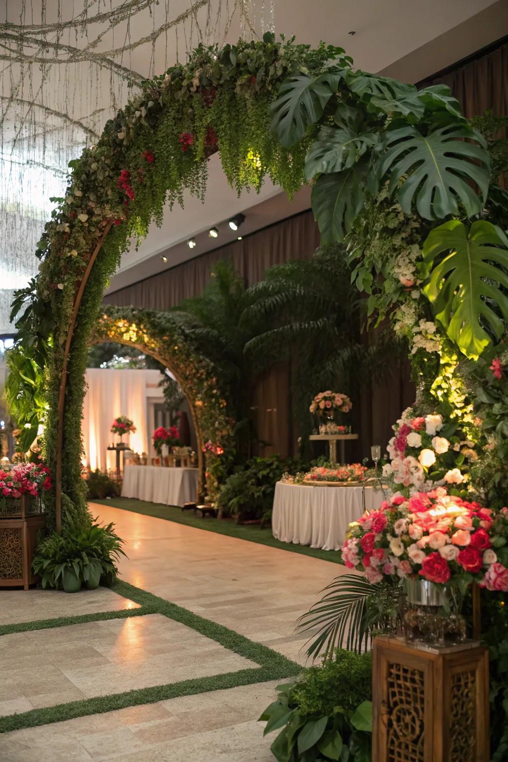 Botanical installations create unforgettable event backdrops.