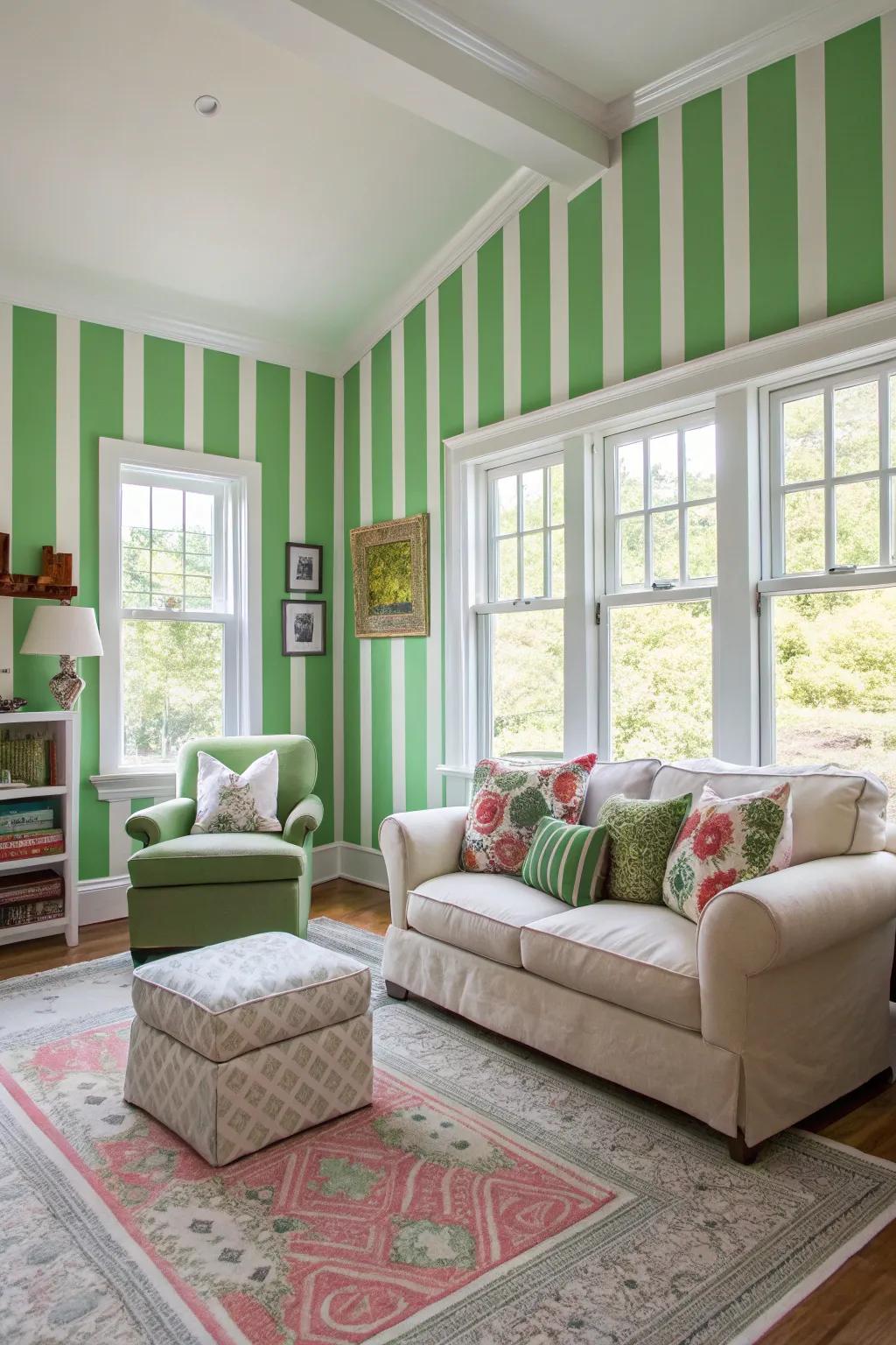 Green stripes add playfulness and dynamism to this lounge.