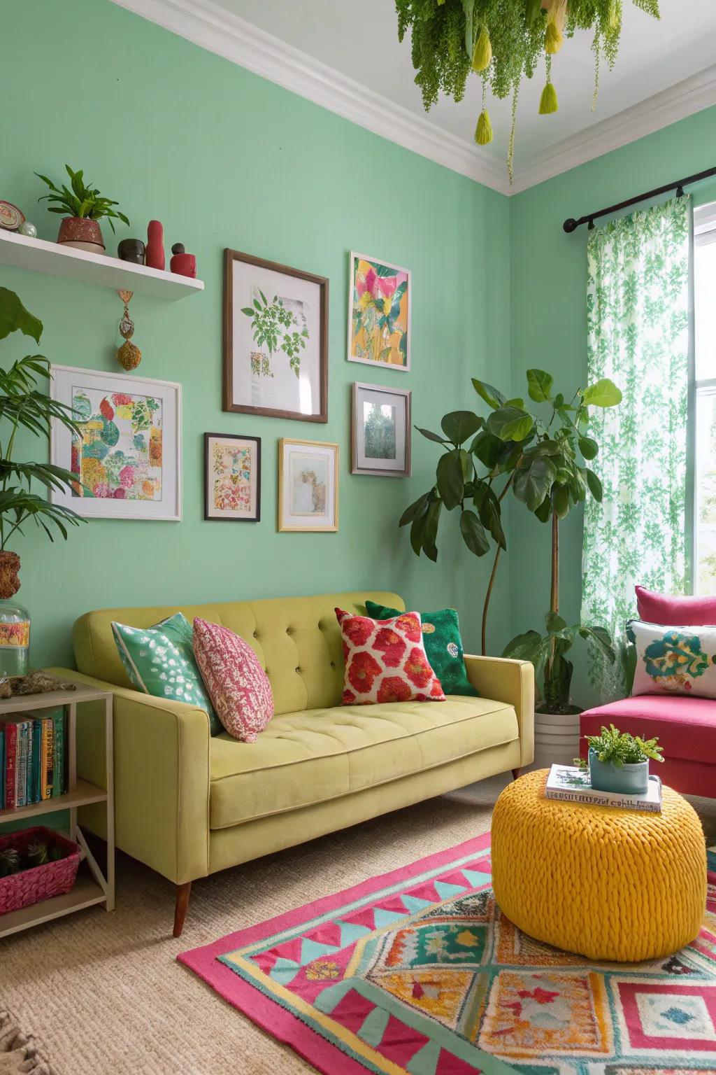 Quirky mixtures of green and vibrant shades energize the space.