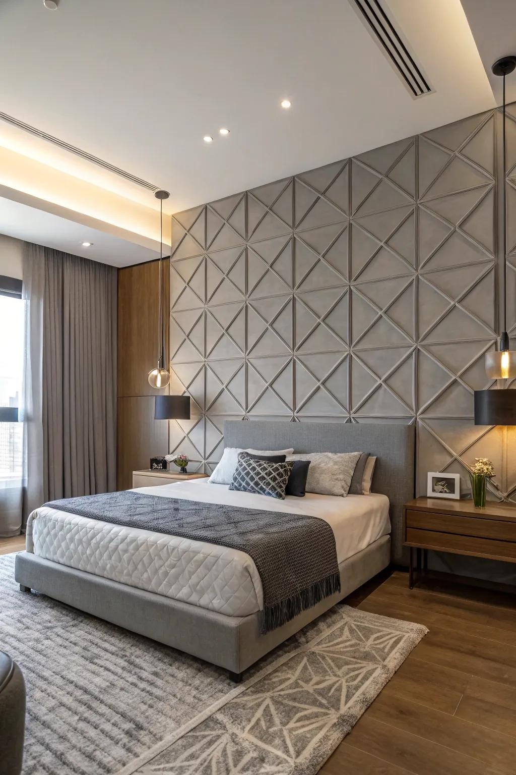 Geometric designs infuse a contemporary edge into the grey feature wall.