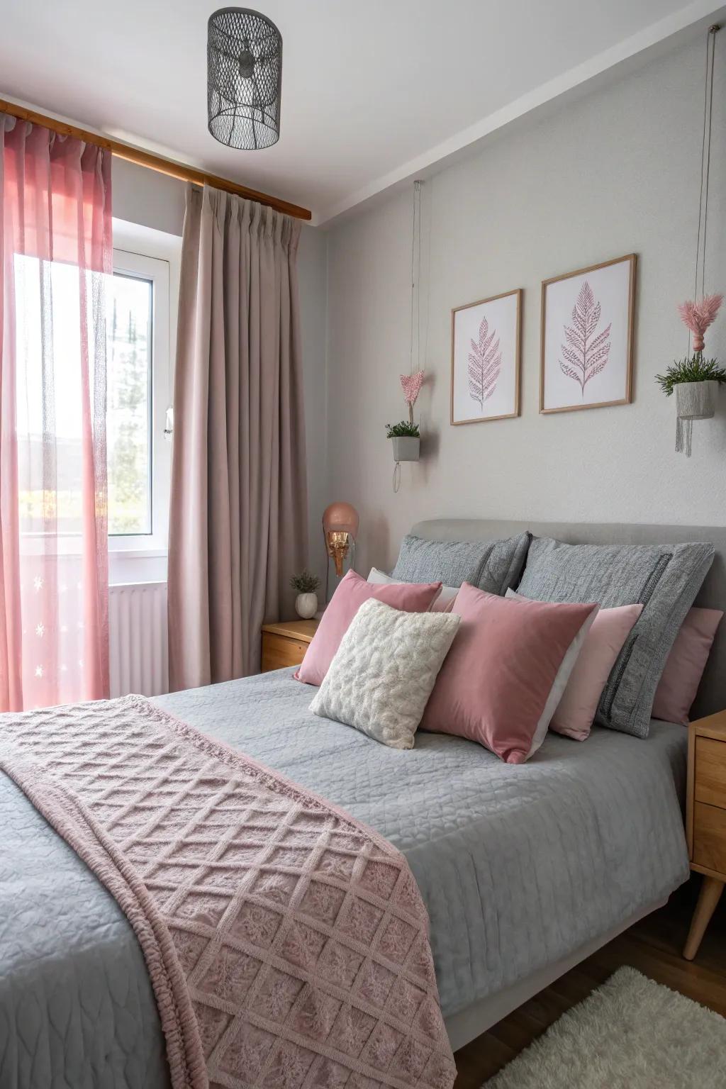 Grey textiles blend seamlessly with pink hues, providing comfort and balance.