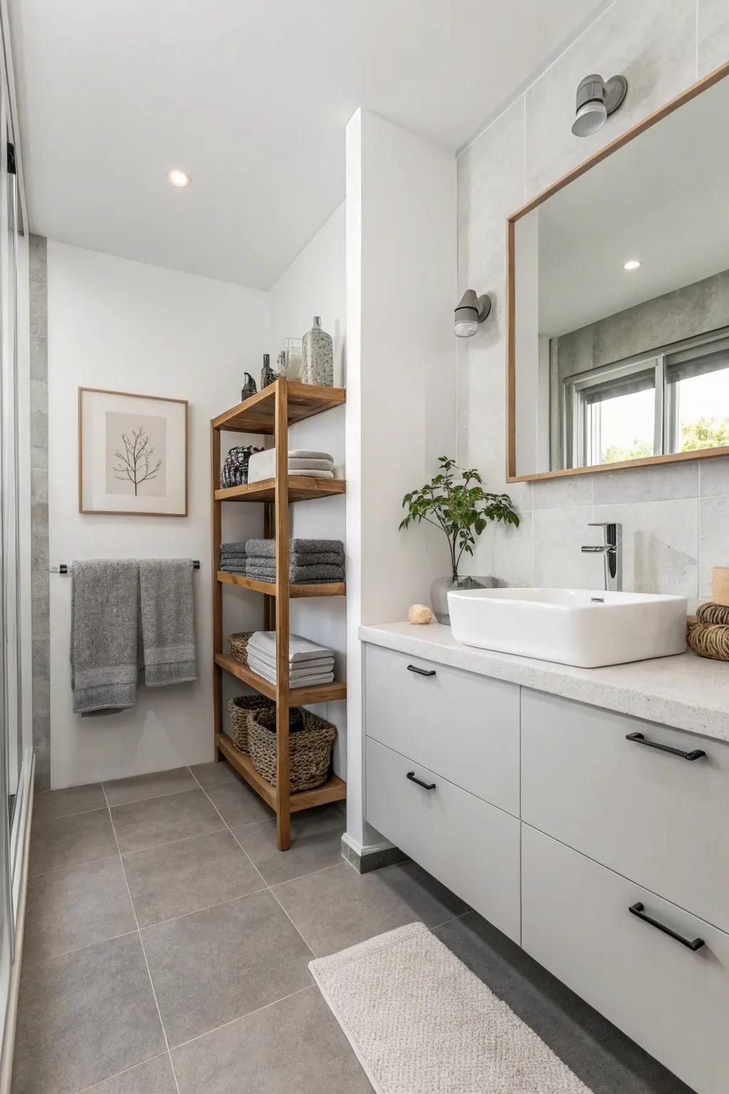 Open shelving upholds a minimalist aesthetic while offering storage solutions.
