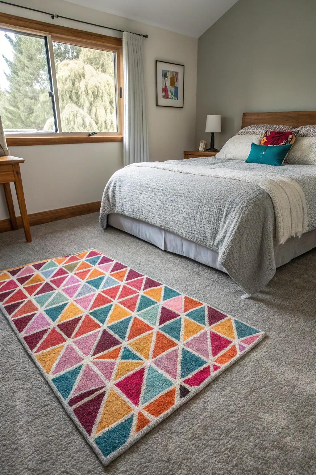 An angular rug over the ash-toned floor covering creates a striking modern aesthetic.