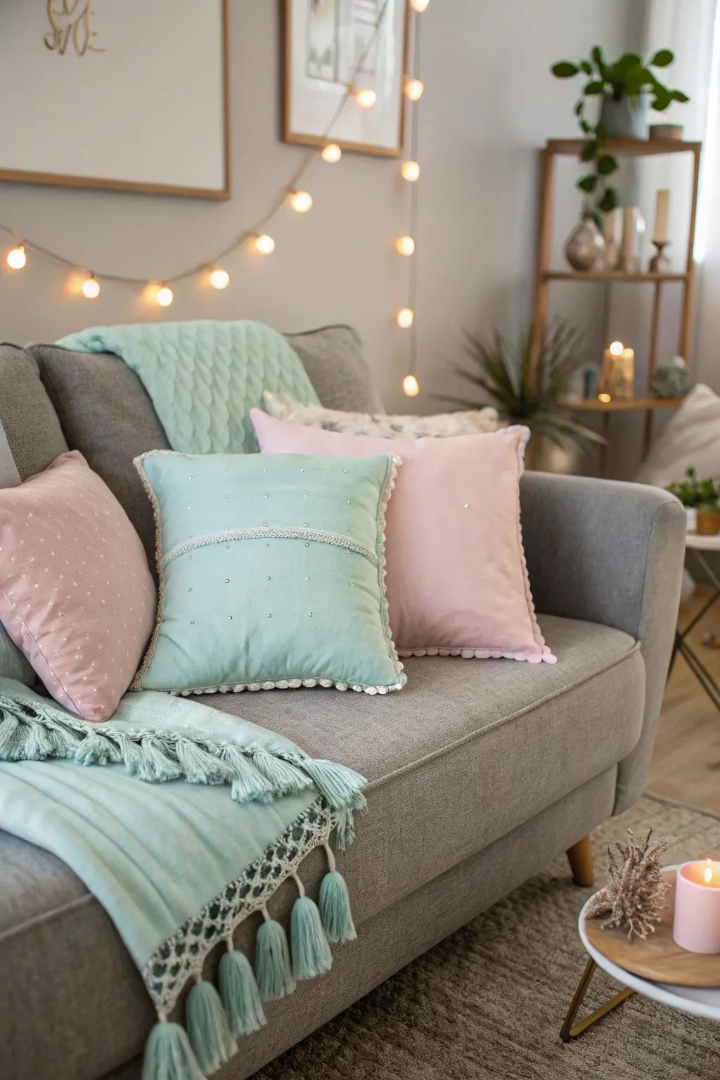 Soft pastels create a calming atmosphere with a gray sofa.