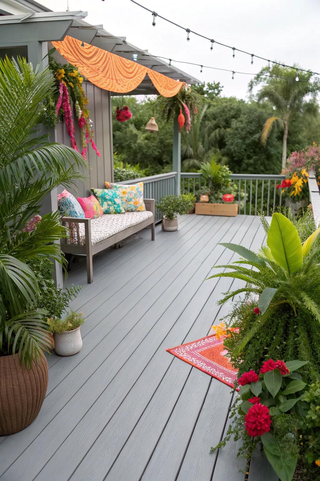 A tropical-themed grey deck with vibrant decorations.