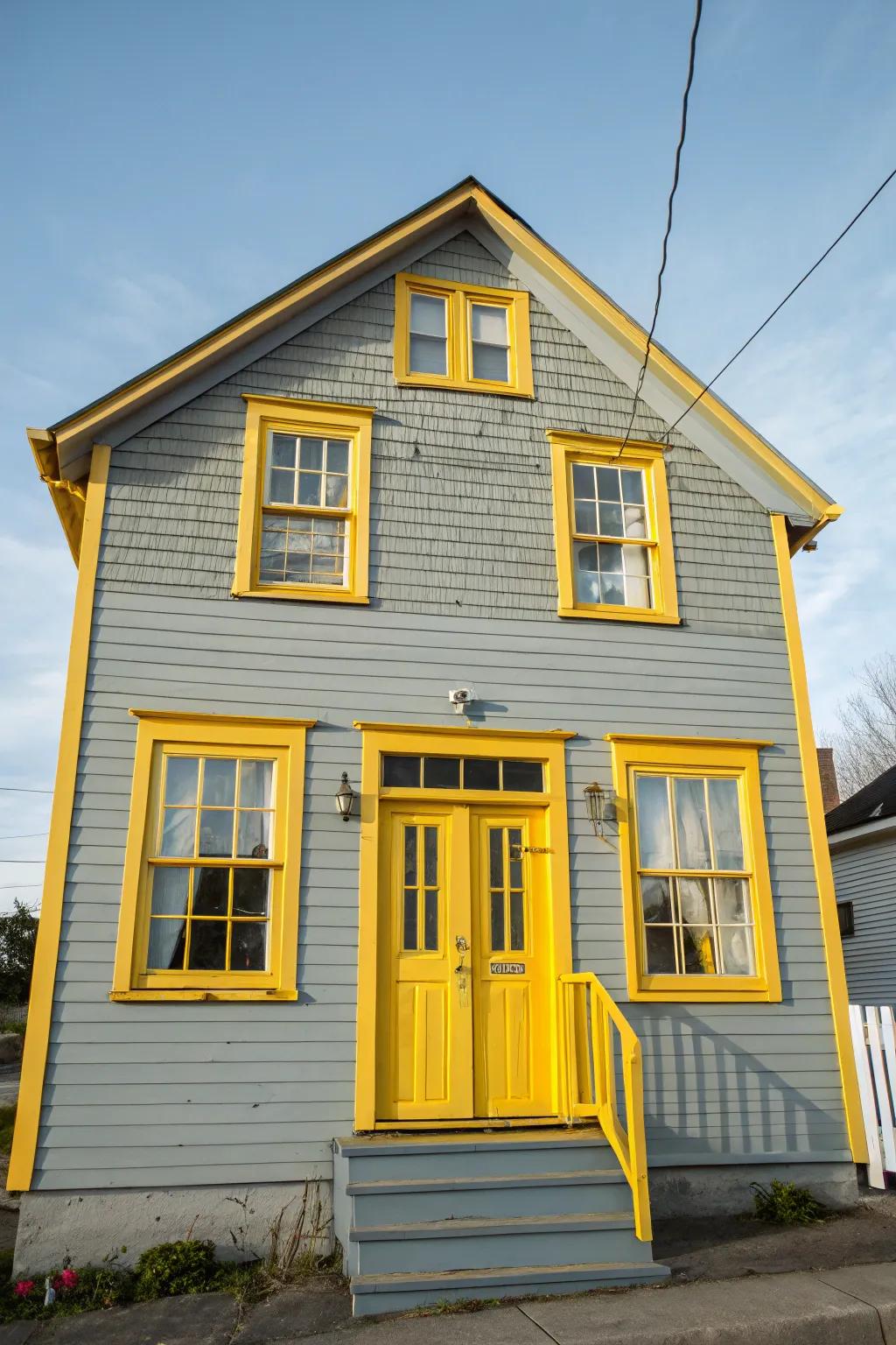 Yellow accents add a cheerful pop to a grey facade.