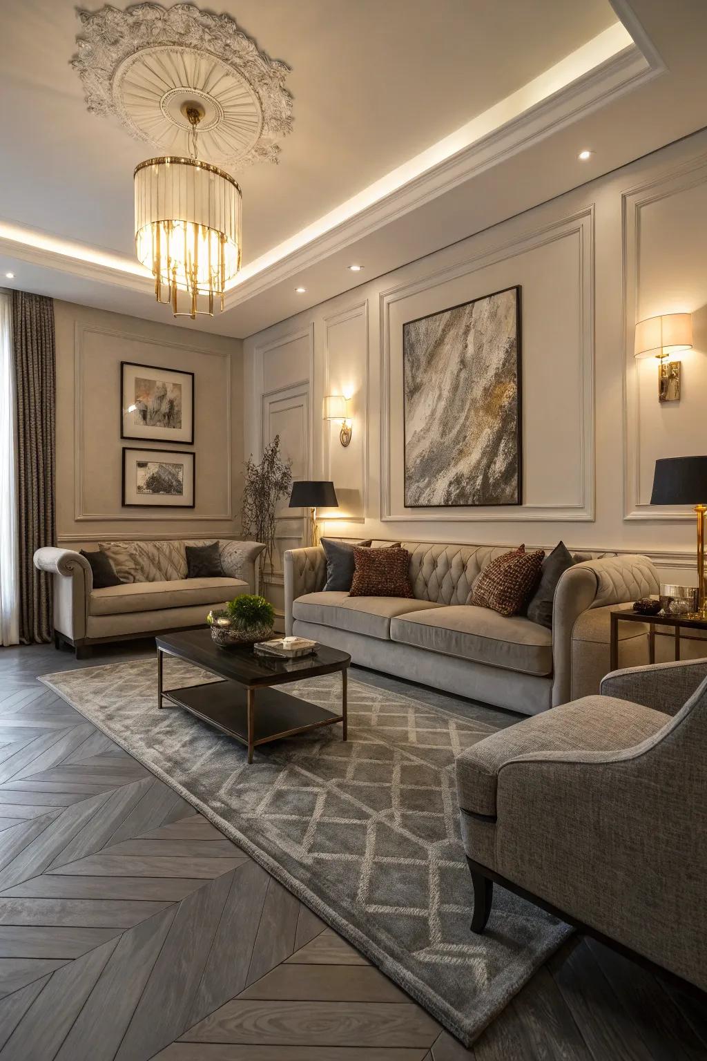 Grey herringbone flooring brings elegance to this chic living room.