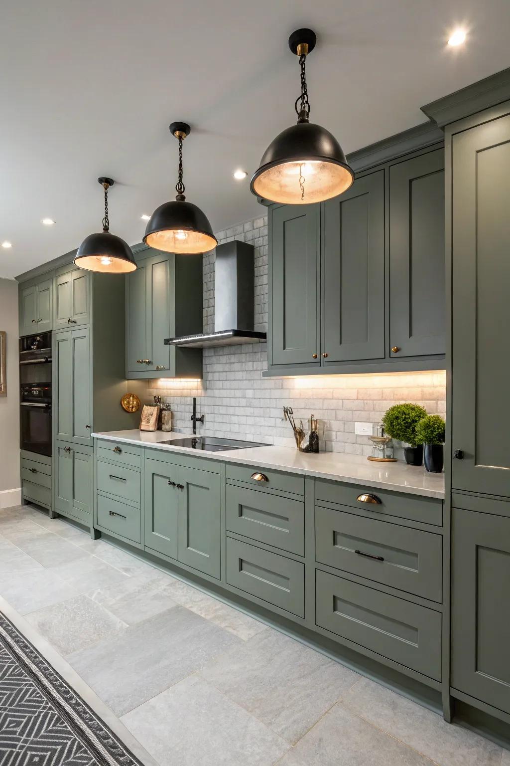 Statement lighting elevates the style of grey-green cabinets.