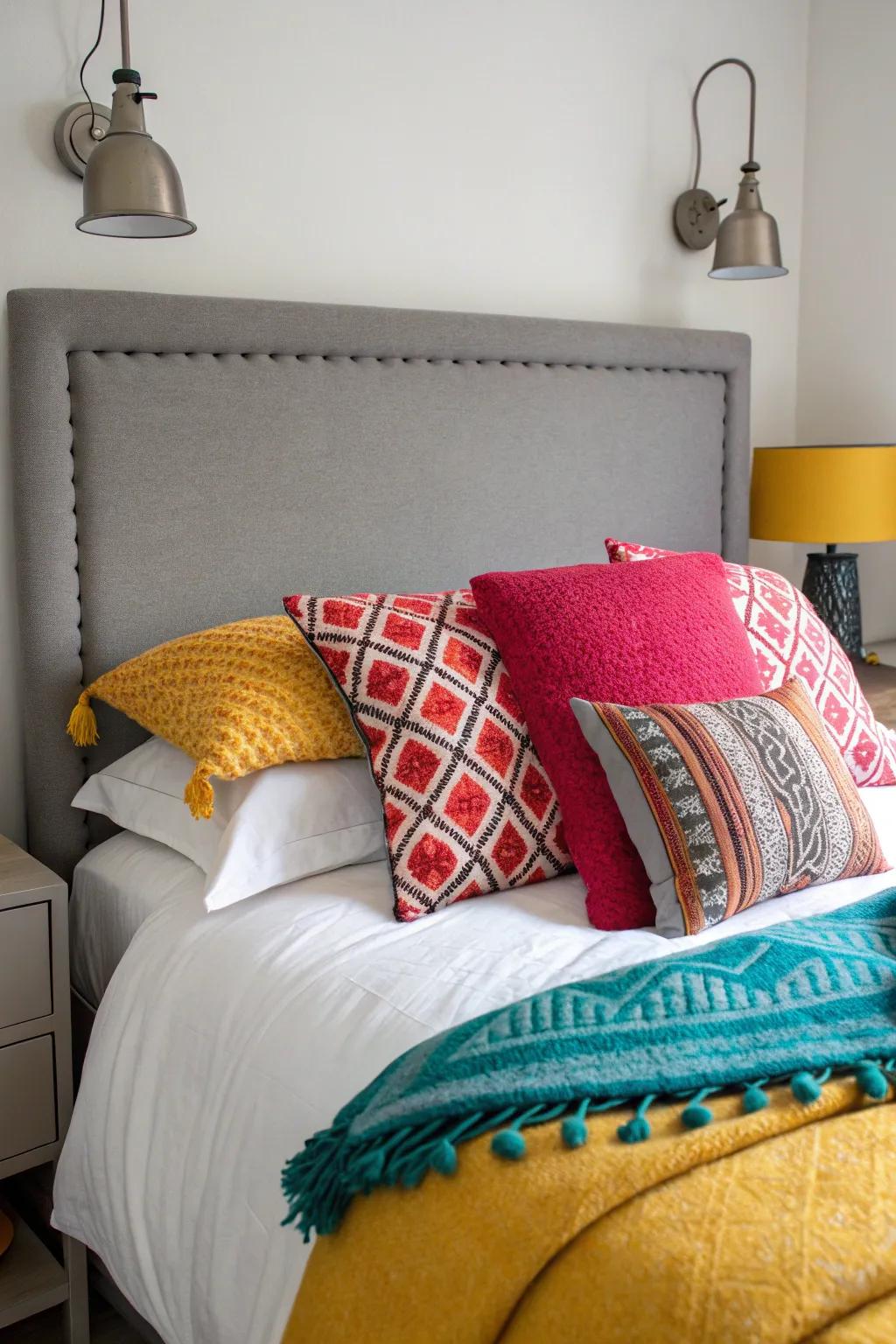 Bold colors bring energy to a bedroom with a grey headboard.