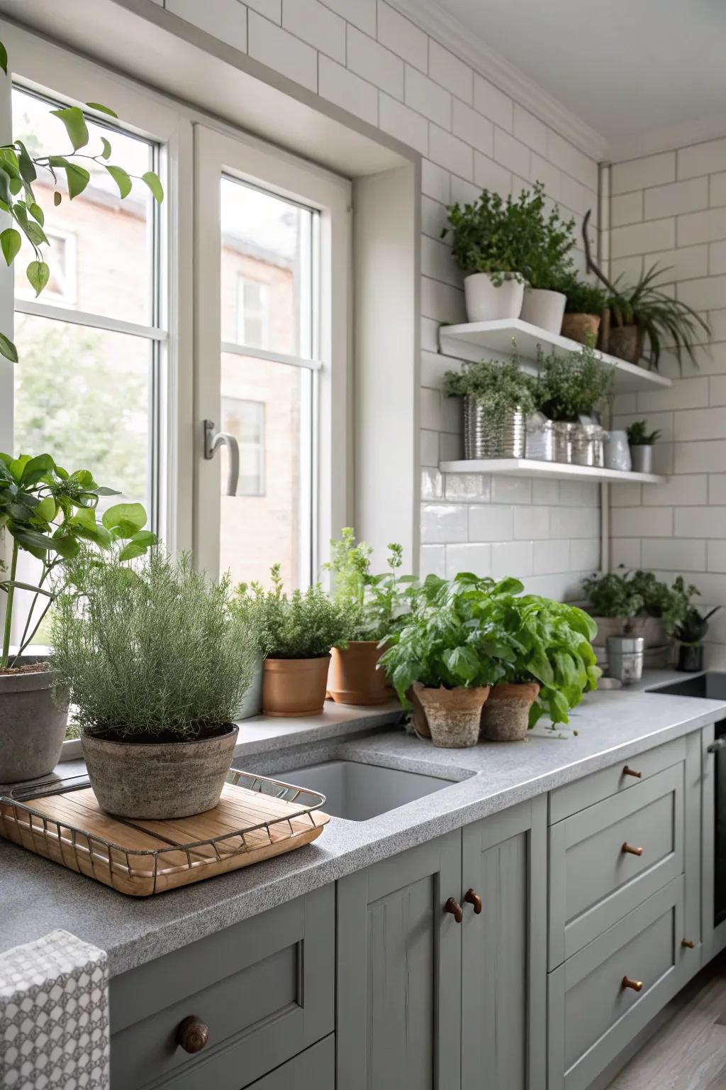 Greenery contributes life and vibrancy to a grey kitchen.