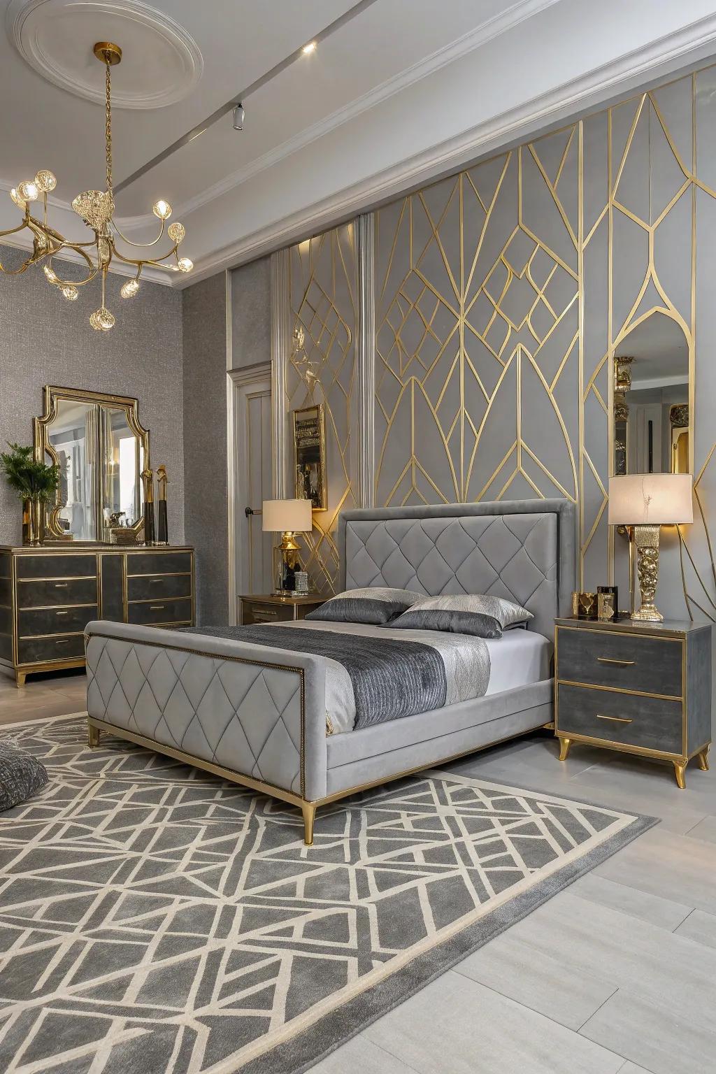 Art Deco meets modern with geometric grey furniture.