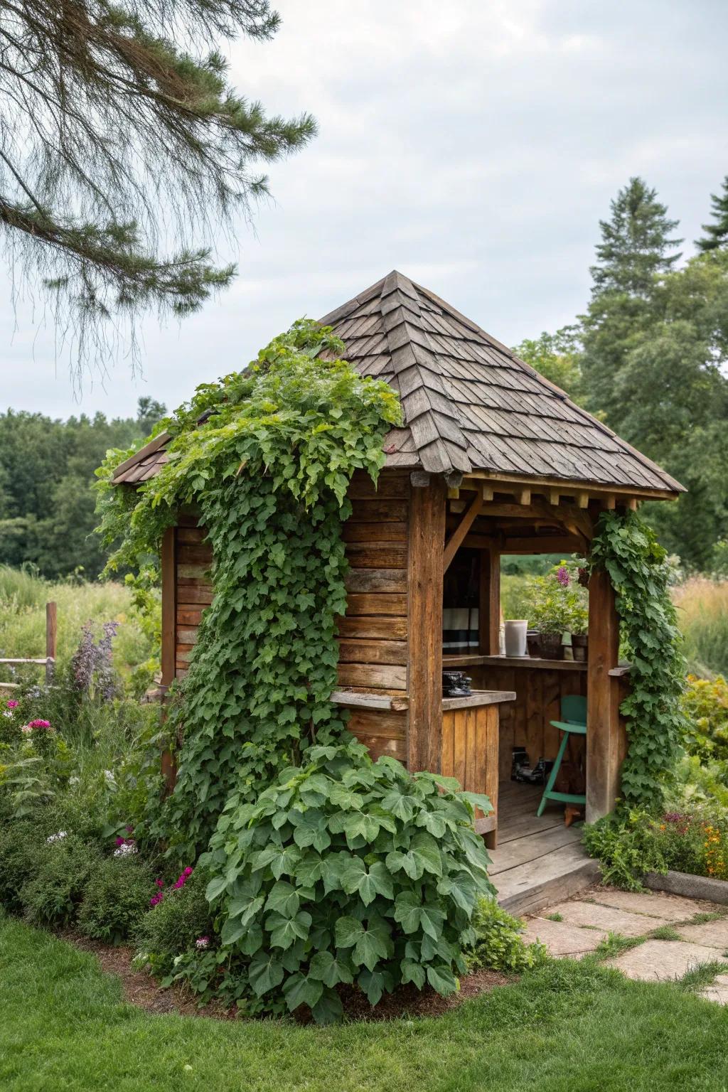 A garden hideaway grill hut with vibrant plant life.