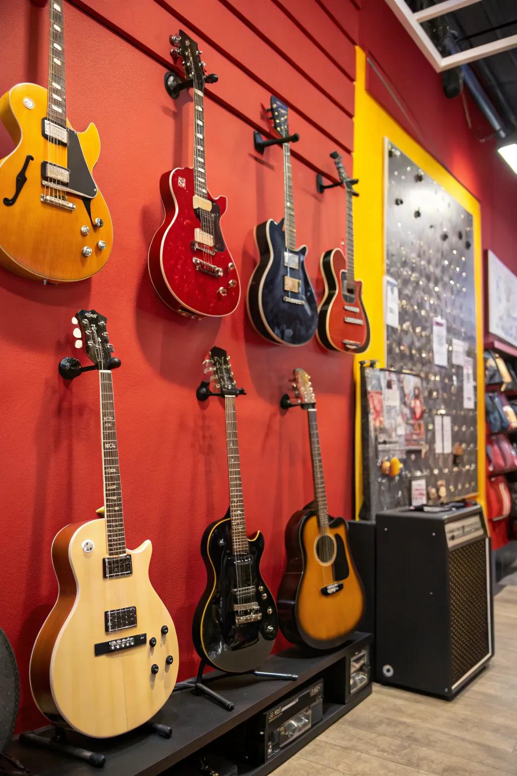 Guitars presented against a boldly colored wall for optimum impact.