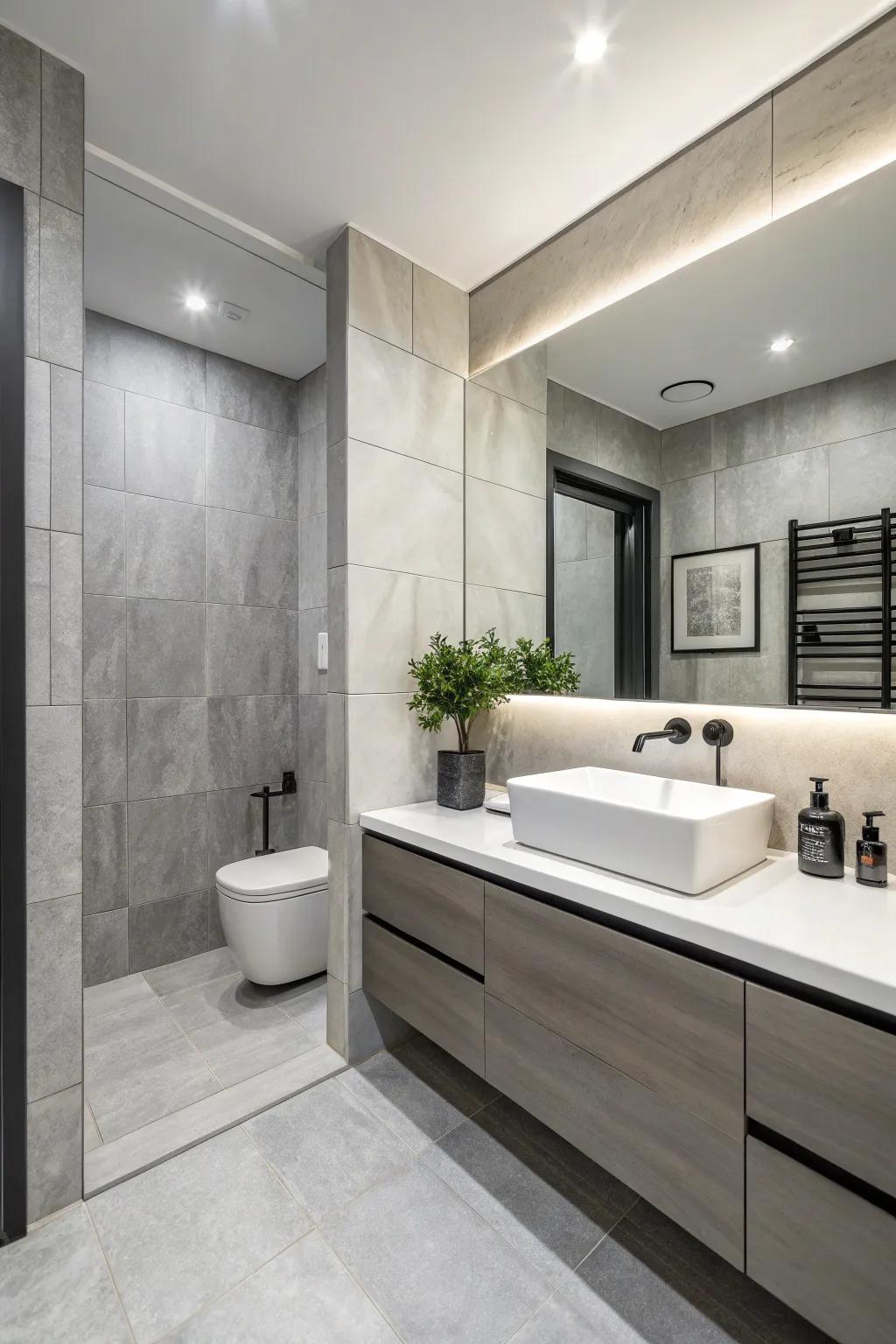 A monochrome palette brings unity and elegance to your half bath.