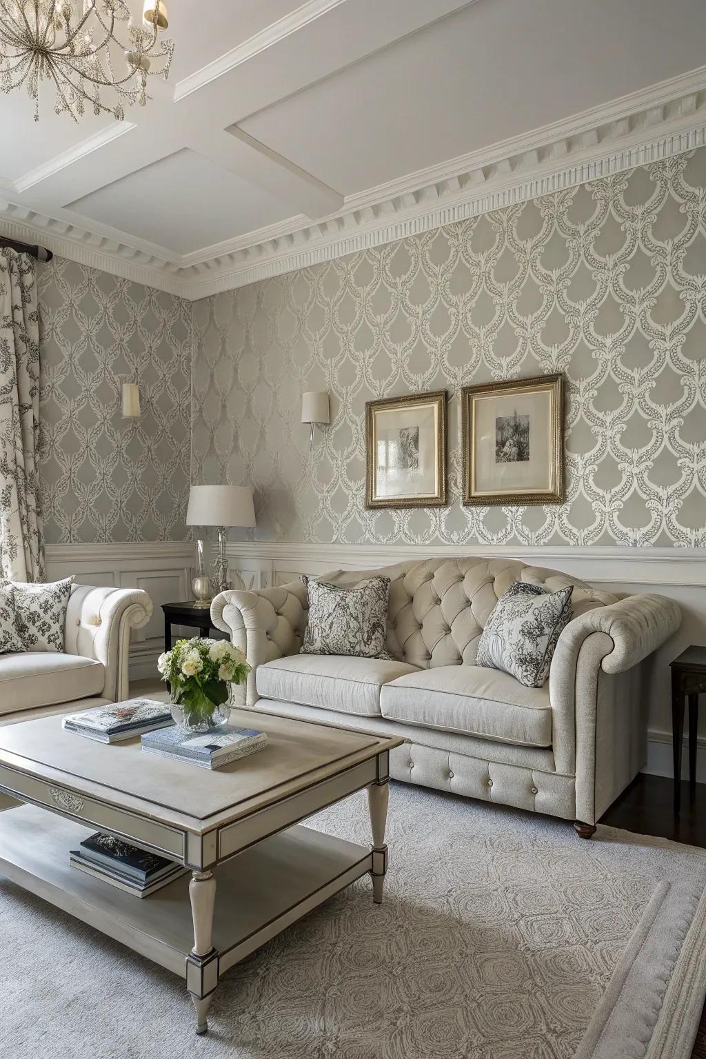 A classic living space featuring monochrome wall coverings and matching coating, exuding understated elegance.