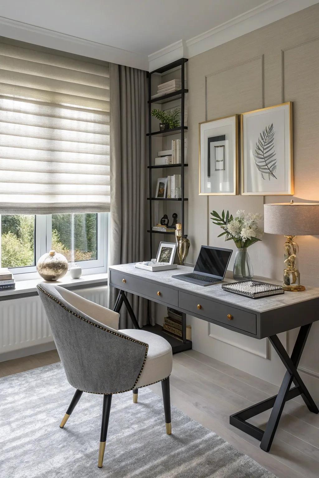 Chic home office with half window blinds.