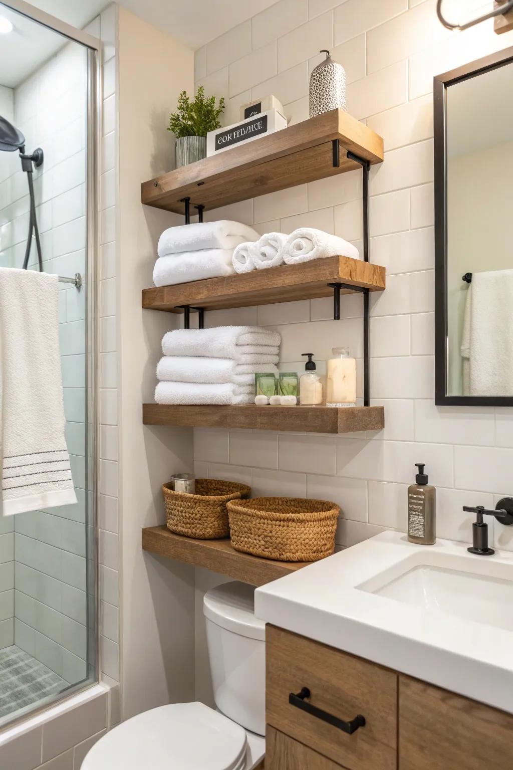 Hanging shelves provide elegant storage options in a guest bathroom.