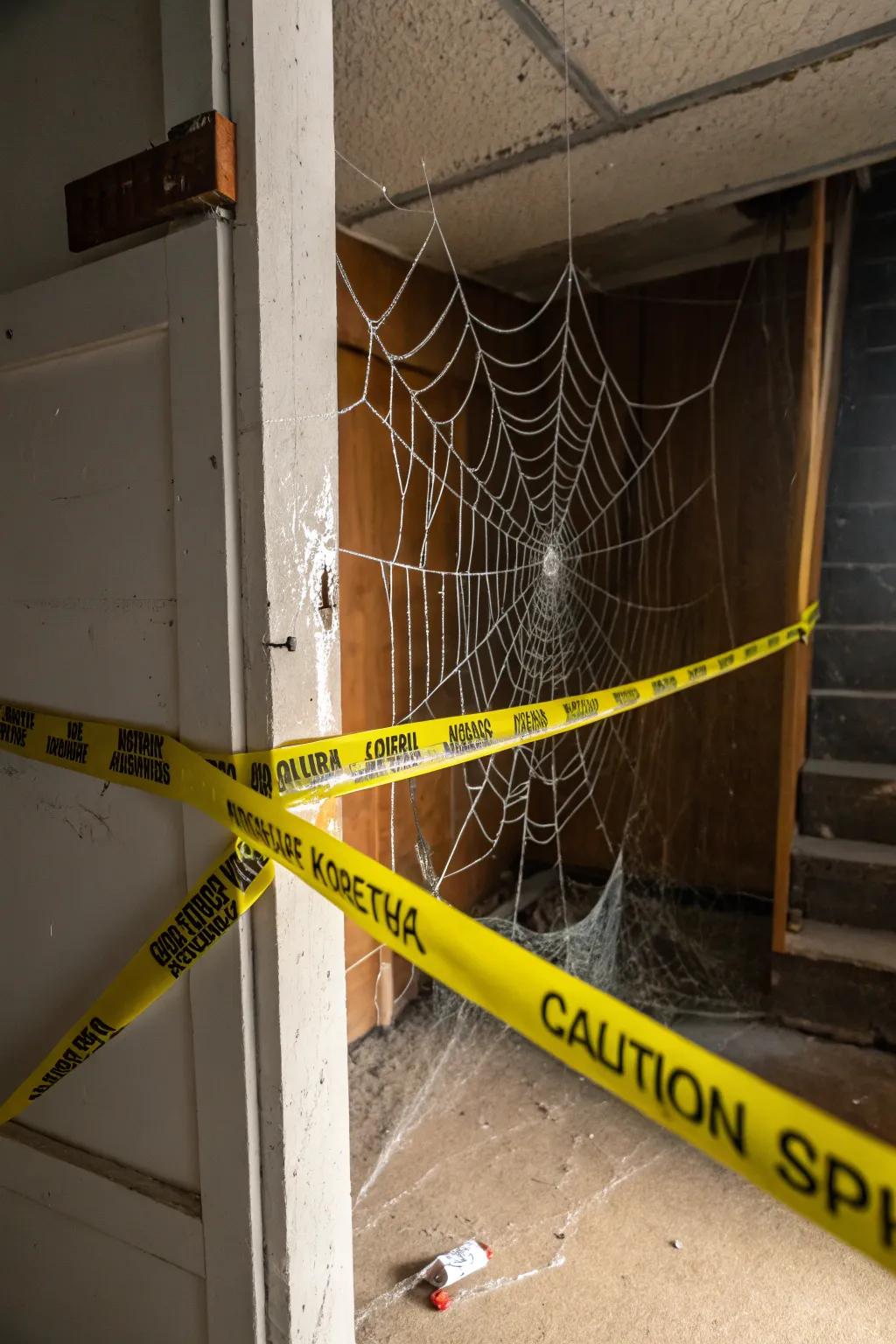 A creepy corner with hazard tape and cobwebs.
