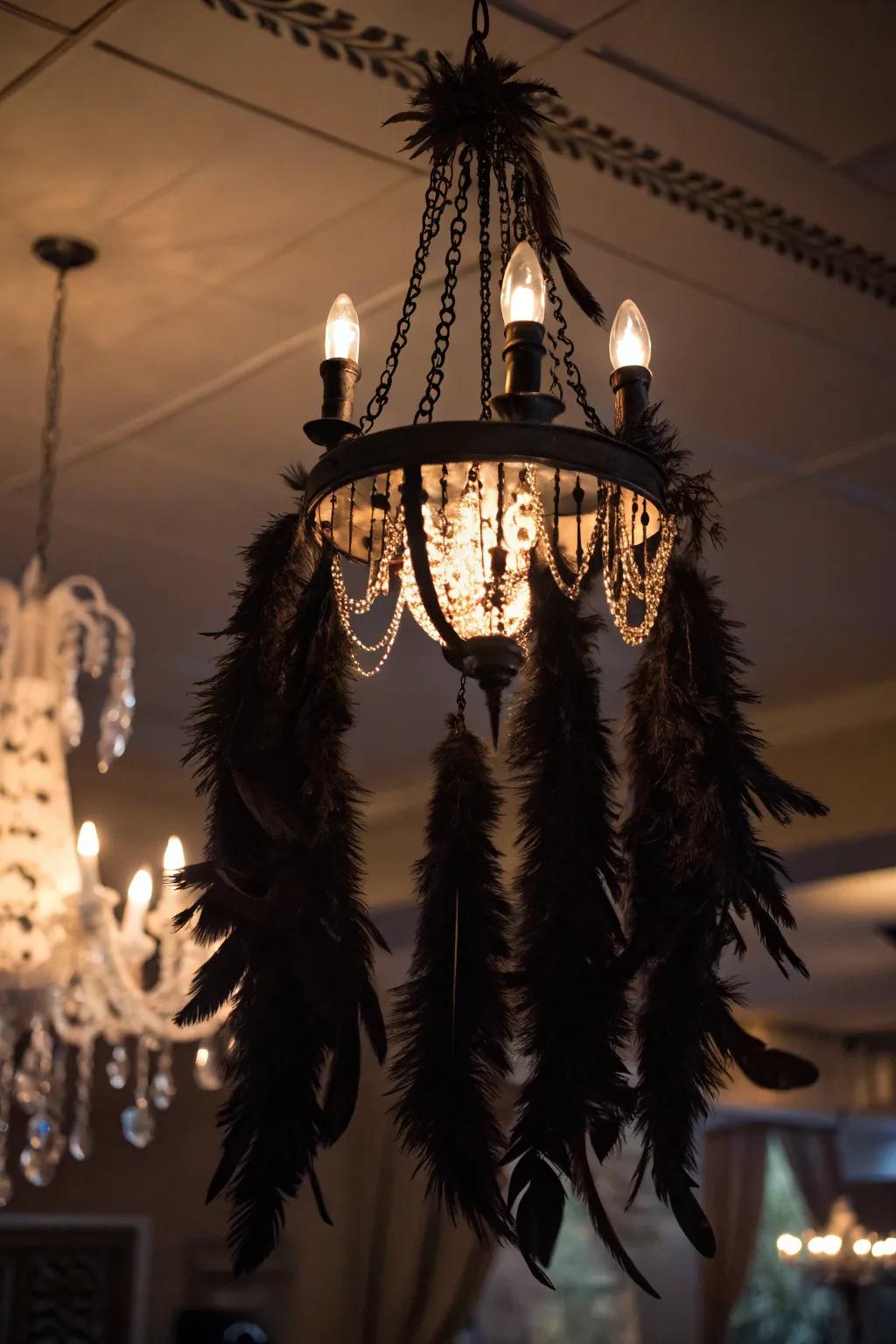 Feathers add a mystical touch to a Halloween chandelier.