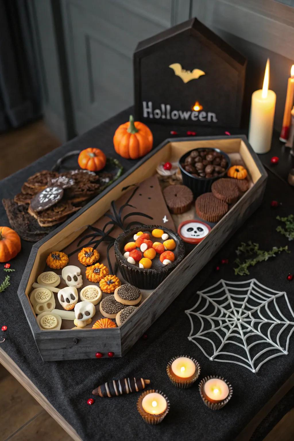 Serve snacks from a coffin styled snack table.