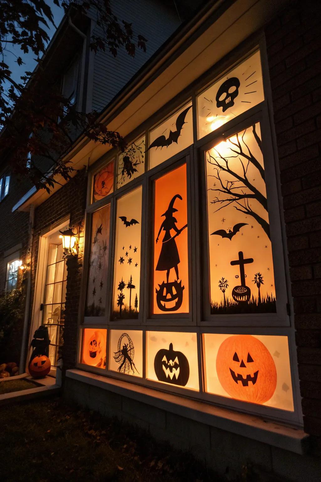 Window posters add a mysterious accent to the Halloween setup.