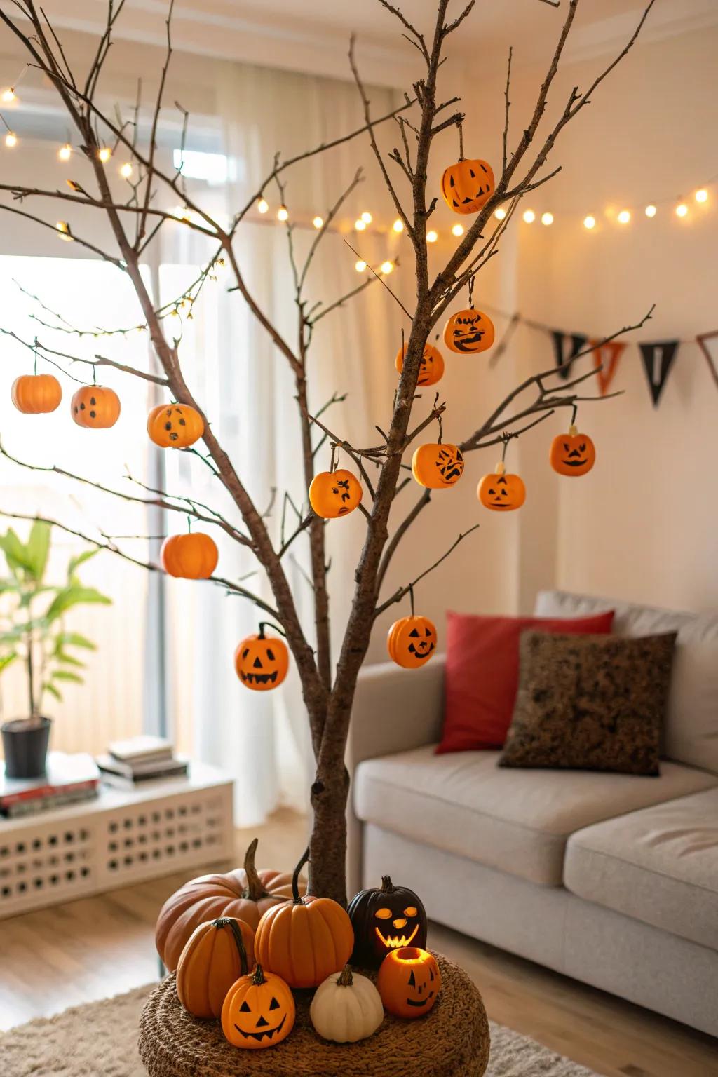 A cheerful Halloween tree filled with jack-o'-lanterns.