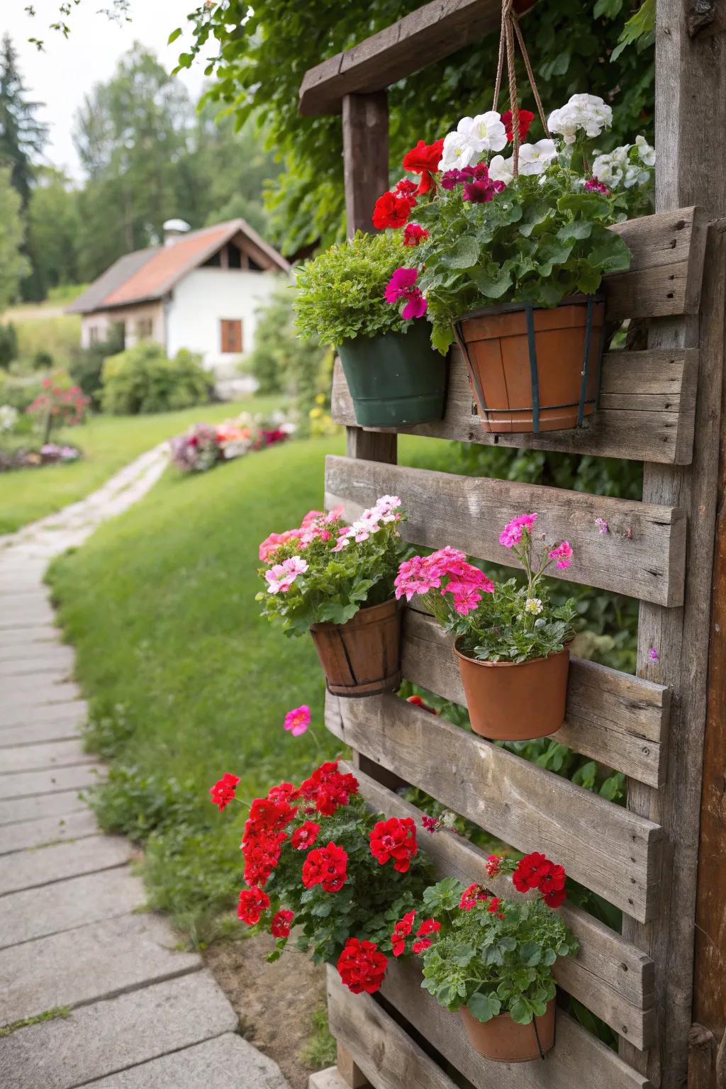 Platforms offer an environmentally-friendly setting for geraniums.