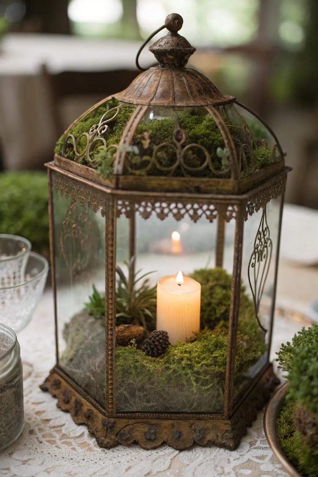A classic-inspired terrarium with moss and candlelight.