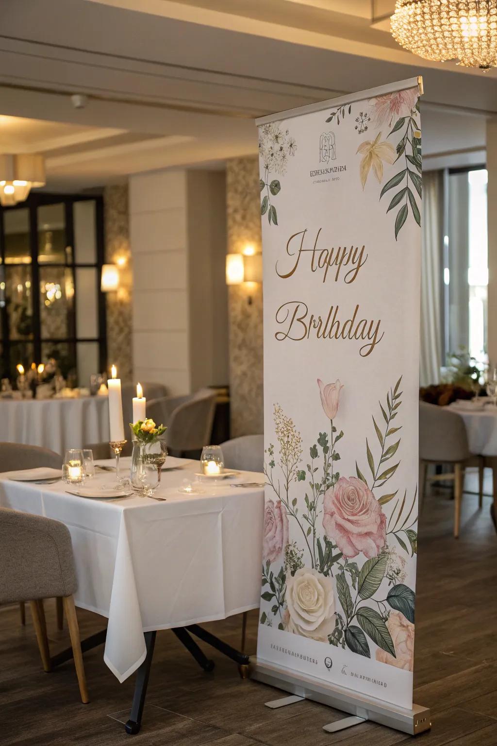 Elegant botanical patterns bring sophistication to birthday décor.