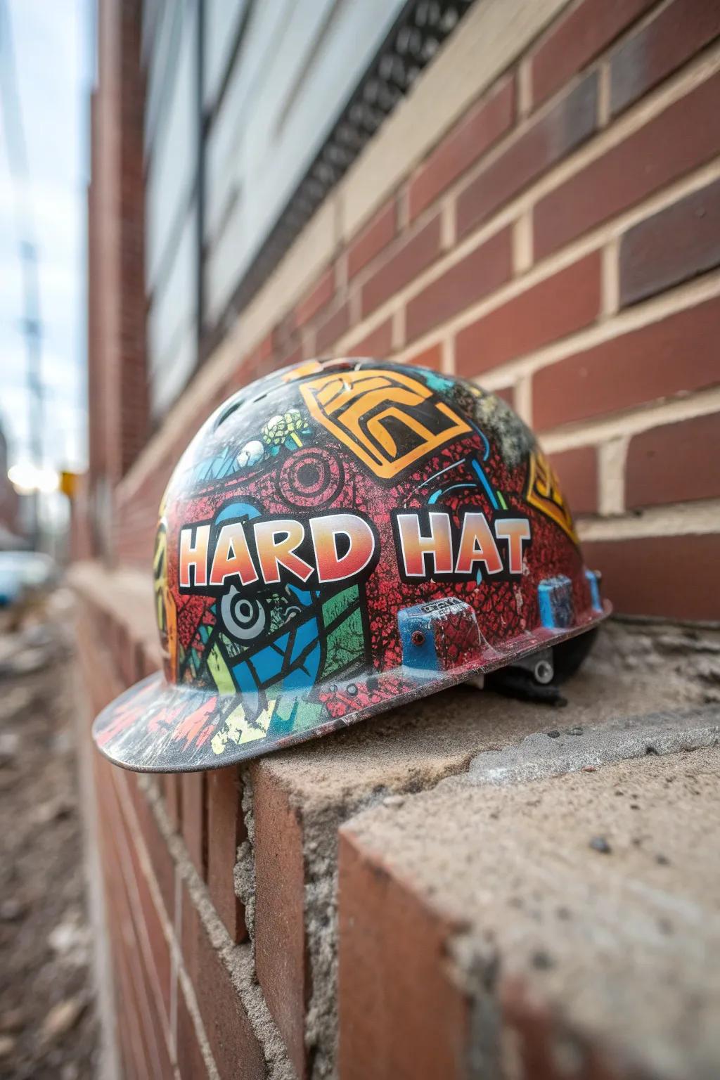 A hard hat bursting with graffiti art.