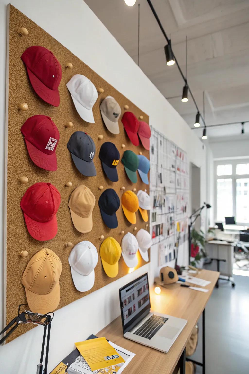 Hats pinned to a cork board.