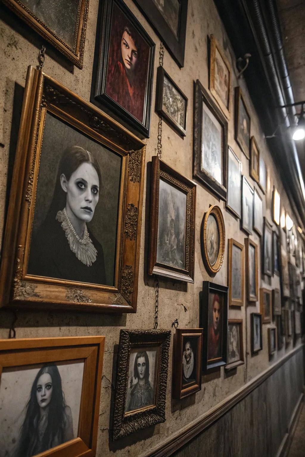 Construct a haunted gallery wall using spooky portraits.